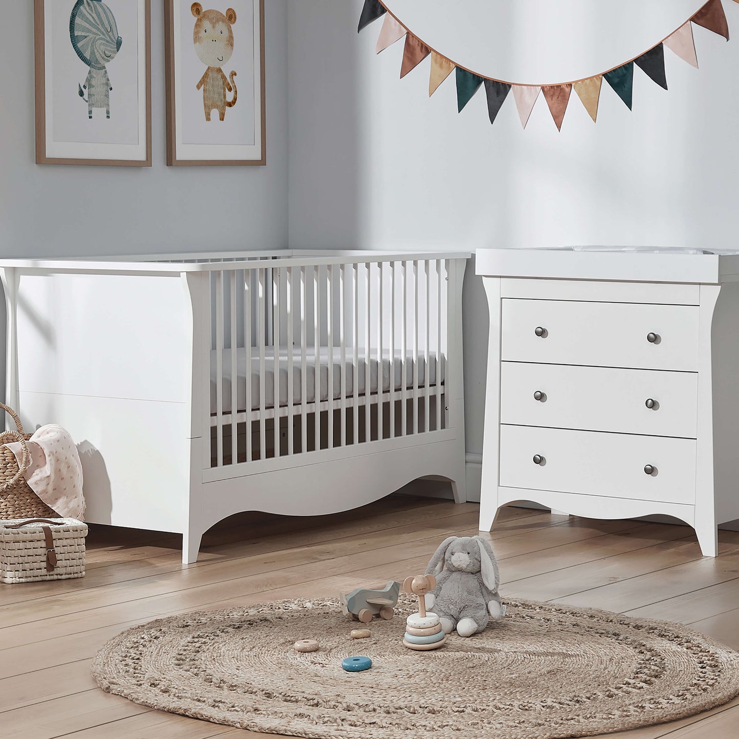 CuddleCo Clara 2pc Set 3 Drawer Dresser & Cot Bed - White