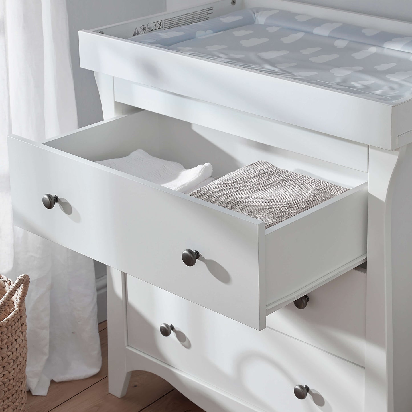 CuddleCo Clara 2pc Set 3 Drawer Dresser & Cot Bed - White