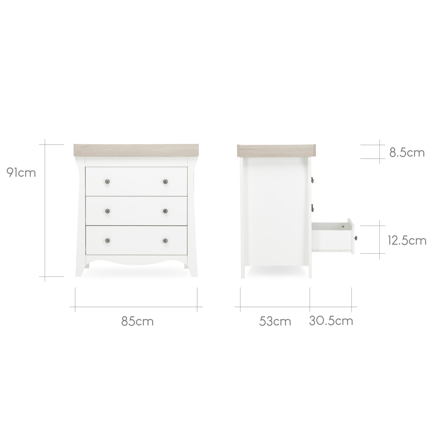 CuddleCo Clara 2pc Set 3 Drawer Dresser & Cot Bed - White/Ash