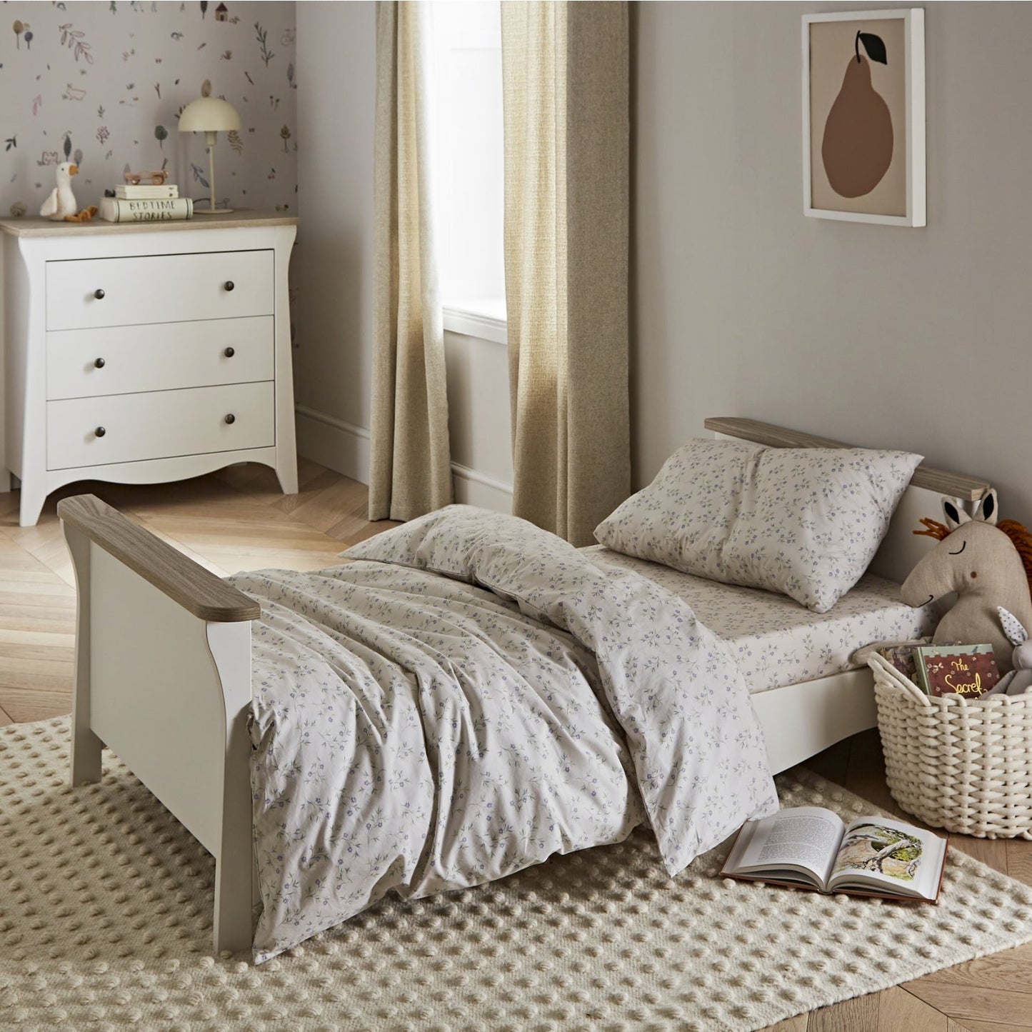 CuddleCo Clara 2pc Set 3 Drawer Dresser & Cot Bed - White/Ash