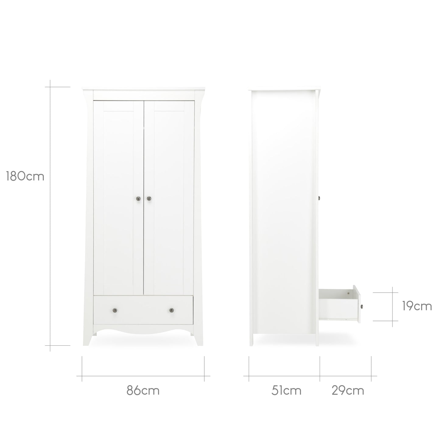 CuddleCo Clara 3pc Set 3 Drawer Dresser, Cot Bed & Wardrobe - White