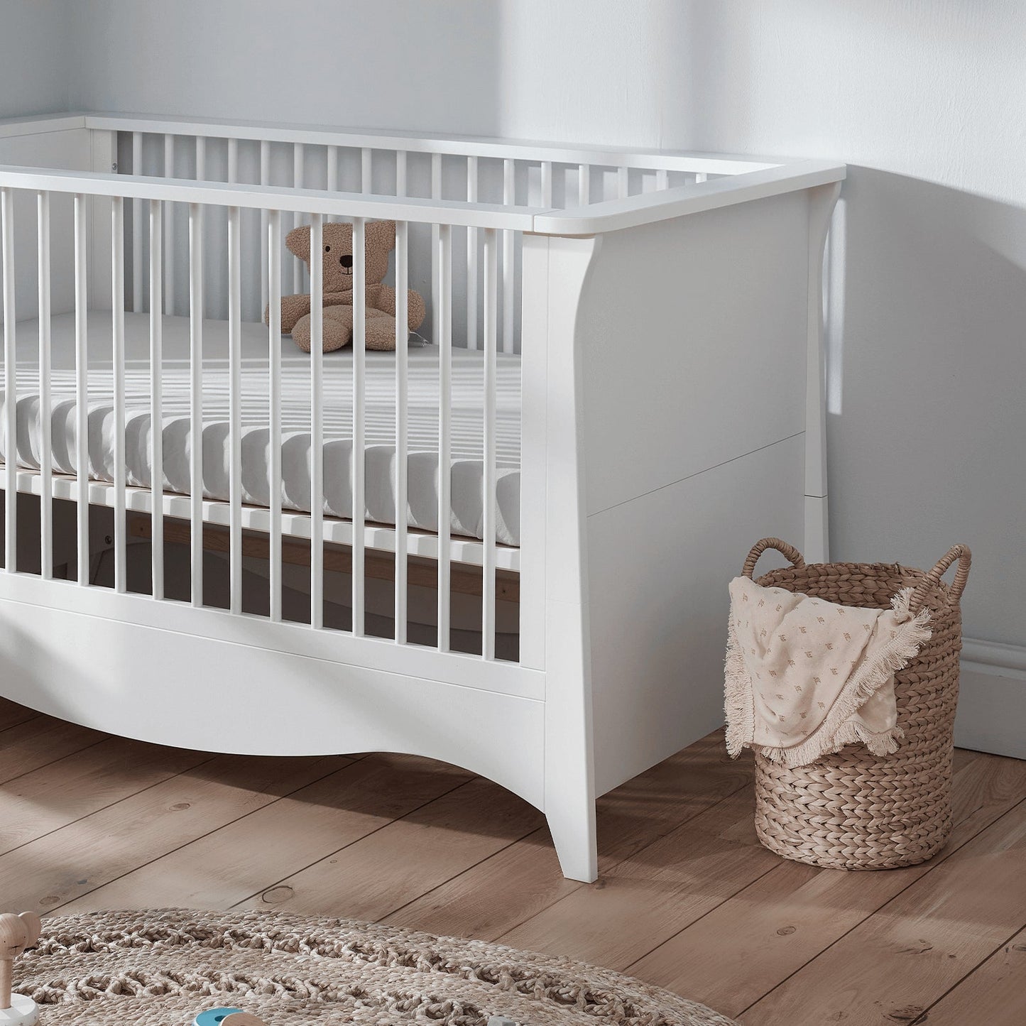 CuddleCo Clara 3pc Set 3 Drawer Dresser, Cot Bed & Wardrobe - White