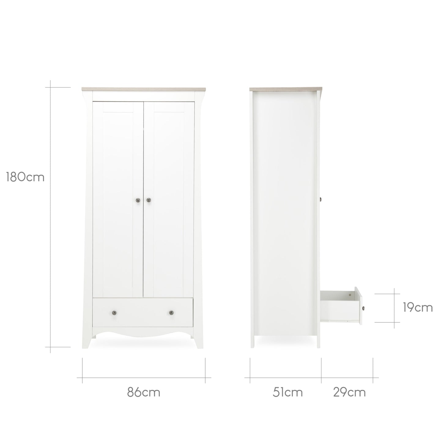 CuddleCo Clara 3pc Set 3 Drawer Dresser, Cot Bed & Wardrobe - White/Ash